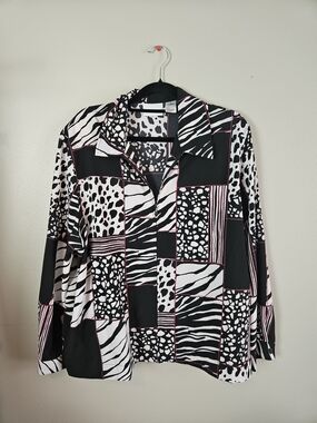 Black & White Animal Patchwork Zip-Up Blouse with Pink Accents
